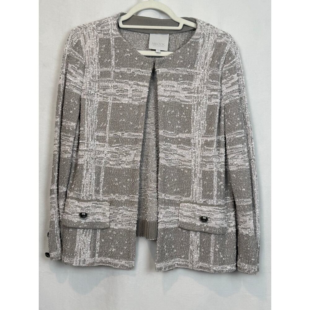 Misook Collection Womens L Silver Gray Open Front Knit Jacket Cardigan Blazer